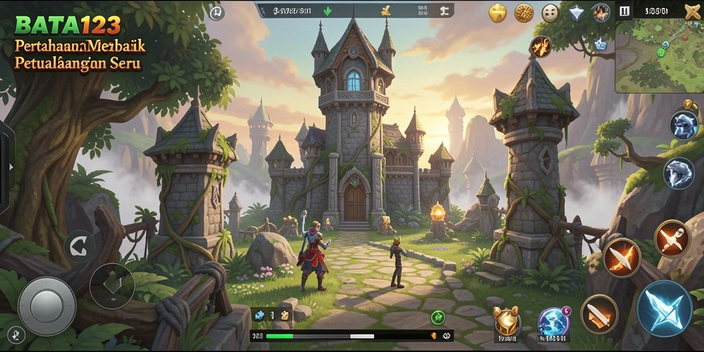 Screenshot gameplay BATA123 menampilkan menara dan musuh beraksi.