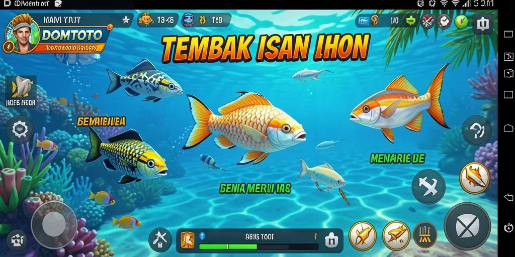 Screenshot gameplay <strong>DOMTOTO</strong> menampilkan aksi menembak ikan yang mendebarkan.