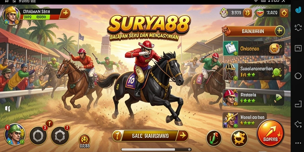 Tampilan gameplay SURYA88 menampilkan aksi balapan seru di lintasan yang menantang.